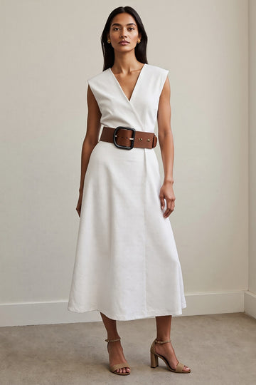 V Neck A Line White Work Dress with Belt